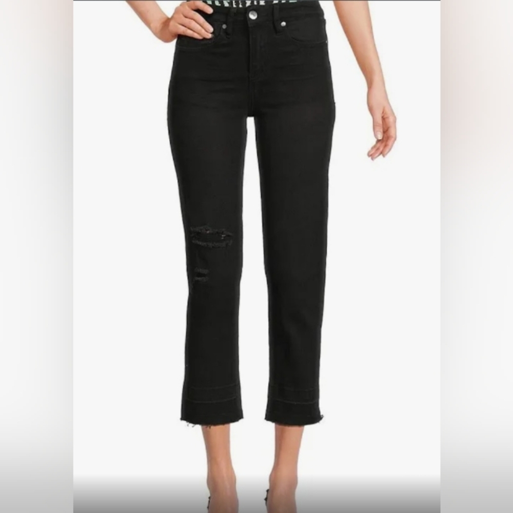 Cavalli Class NWOT High Rise Straight Leg Dark Jeans Raw Hem Distressed Sz.25